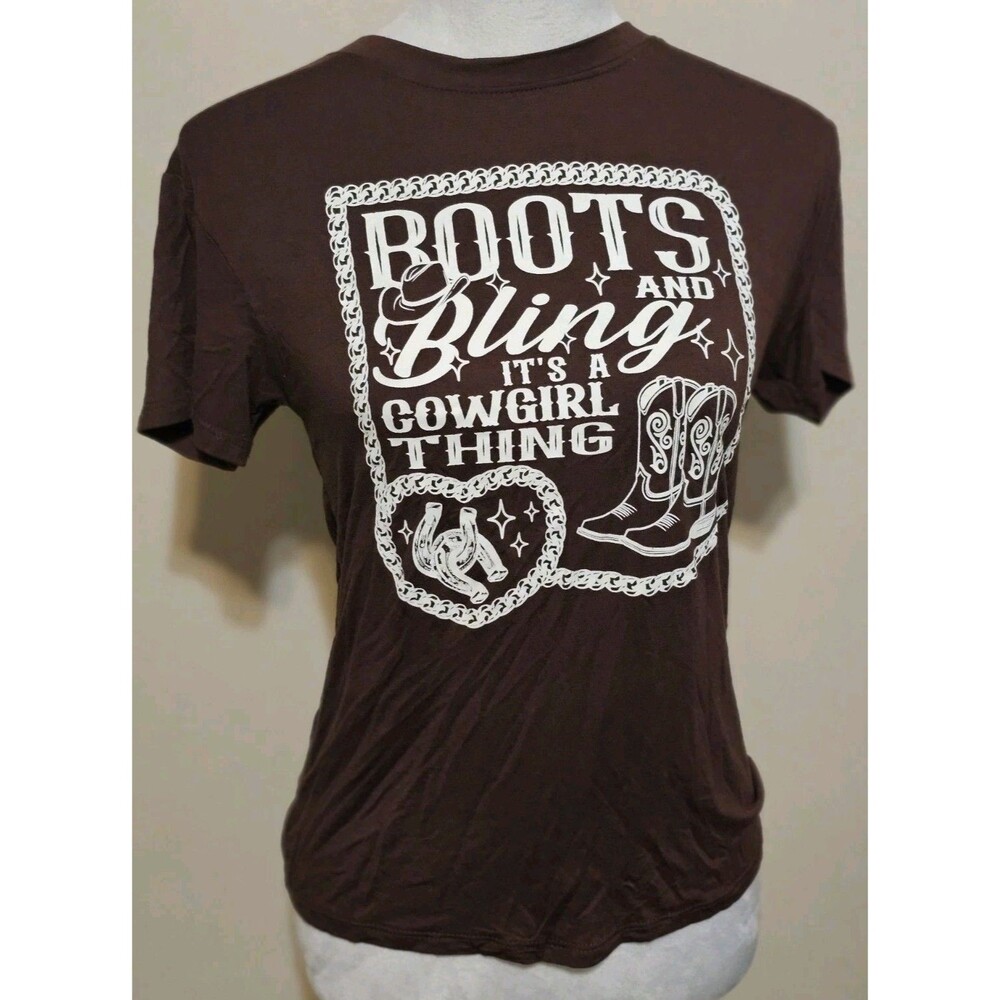 Starlet Brown Western Graphic Tee Womens M Boots and Bling Country Concert Shirt